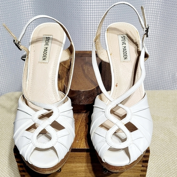 Y2K Steve Madden Aventura White Leather Peep-Toe Wedge Slingback Sandal (9M) - Picture 5 of 10